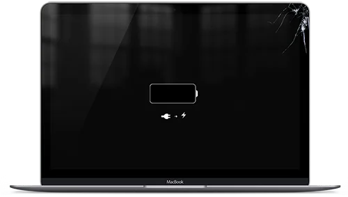 MacBook mit gesprungenem Display, das nur noch das Symbol für einen leeren Akku zeigt